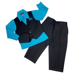 Rafael Boys 2T Dress Outfit Black Pinstripe Vest Pants Teal Shirt 3-Piece Suit
